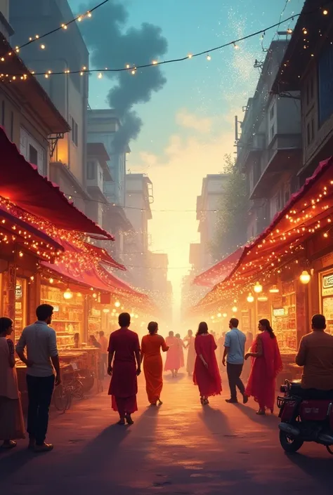 Create a creative poster which should include a street where shops are open fire crakers are blasting and people are enjoying and Diwali vibe make it look natural and only keep 2-4 peoples 
