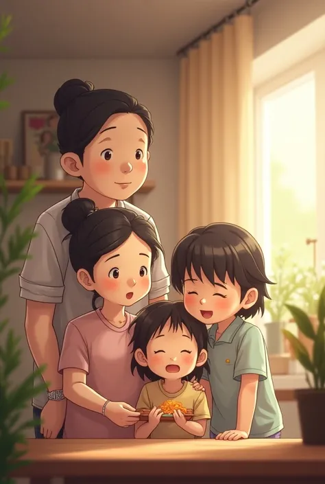 Create an image of a family of three ren ,  two of them are men and one of them a woman .  The family is also made up of an adult mother and a 20-year-old granddaughter. Create the animated image