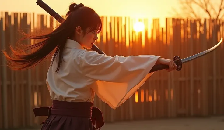 A dynamic scene of a Japanese woman with long hair, her charming face but stubbornness in her eyes practicing traditional Japanese martial arts. This person, wearing a traditional kimono or hakama, she swung her katana sword back and forth in a very dynami...