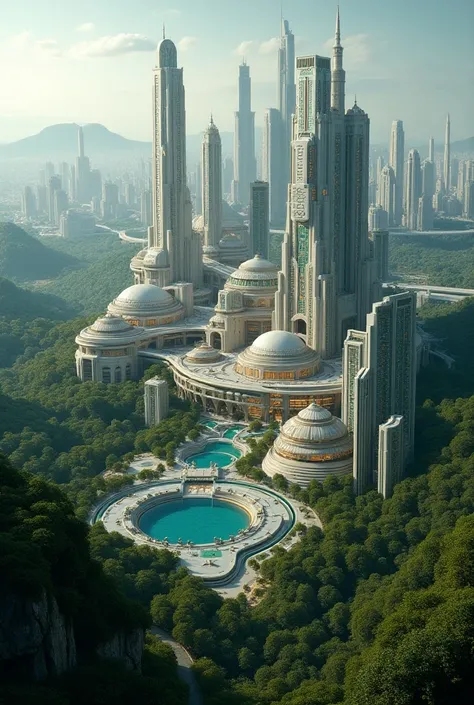 city of mecca, with forest and futuristic ,  but with large buildings and structures in various Islamic architectures