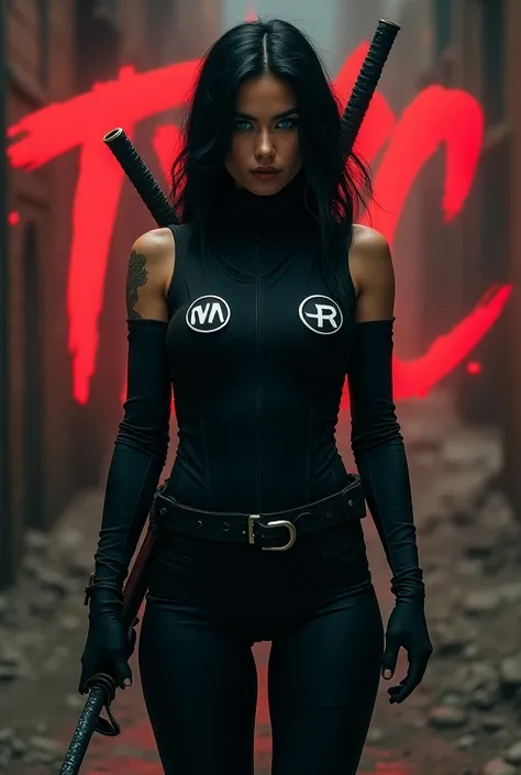 mulher latina, blue eyes, loose dark hair ,  dressed in a tight ninja outfit in black , holding a katana,  on the clothes an emblem with the initials MV and another emblem with the initial R.
In the background, a cyberpunk scene ,  and written TXC in bold ...