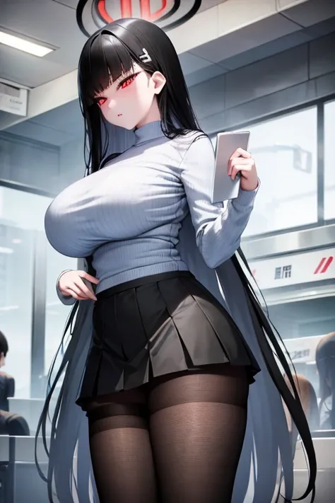 big breasts、white knit、vertical knit、 long sleeve、black fishnet stockings、miniskirt 、long, slender legs、black hair、red eye、crowd...