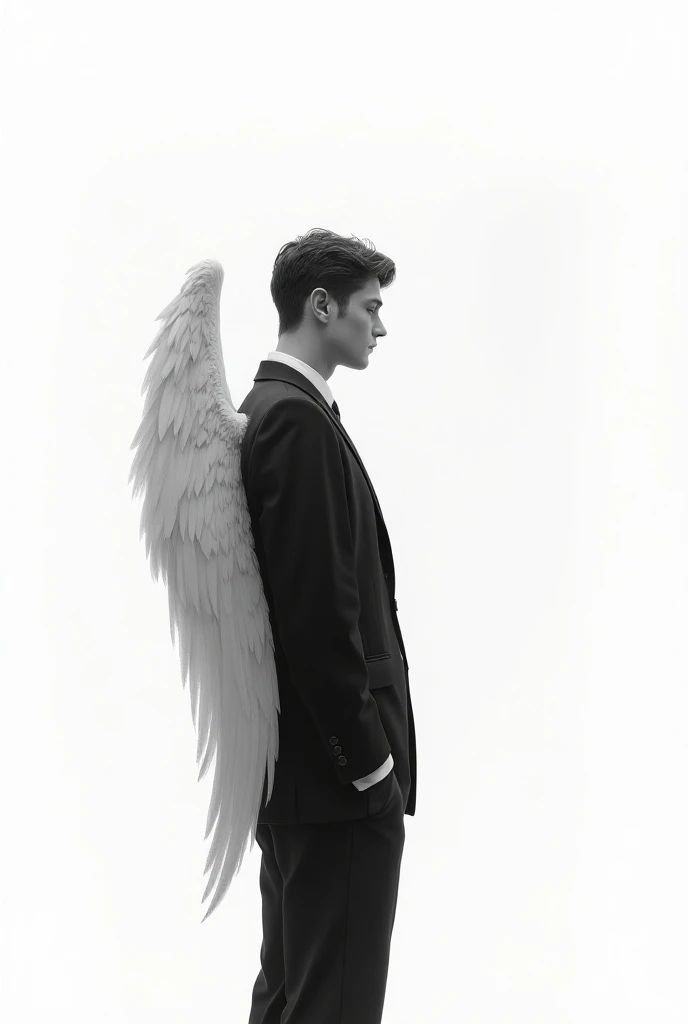 “An angel in a suit, turned away, facing backwards.” “Black and white drawing.”