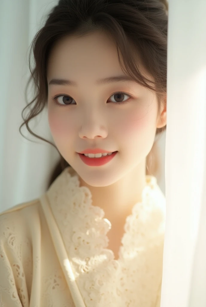 A super extreme close-up scene of a very beautiful Japanese woman, 24 years old, her skin illuminated by a soft, bright white light that casts pure, clean reflections. The fine gold crafted linen in her clothing stand out against the white curtain in behin...