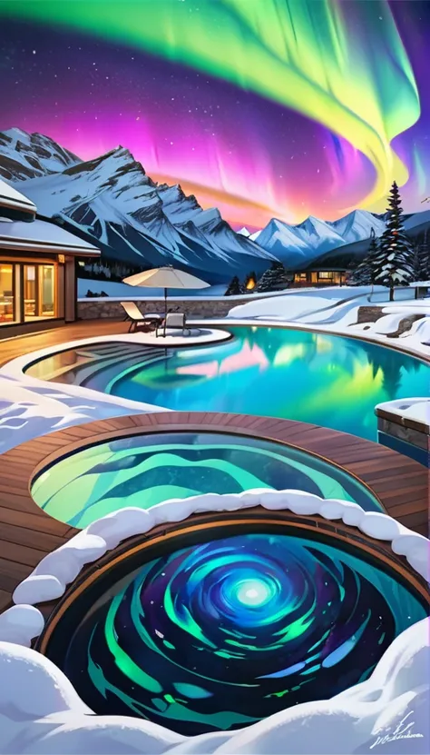 Landscape Art、Acrylic paint、Colorful、snow、Mountain、Aurora、Pool、