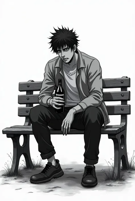 Black and white anime drawing , Man sitting on a bench,  with a bottle of alcohol and with schizophrenia 