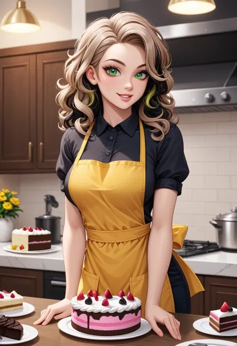 it creates a black woman with curly, light brown hair, green eyes and a yellow apron. in the image, she makes cakes and highligh...