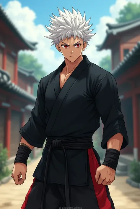 anime male, black martial arts gi, teen, muscular, light skin, red and black pajamas, black shirt, red eyes, white hair, spiky hair, village 