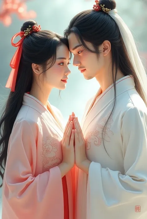  Beautiful girl with long black hair tied with a red ribbon and gray eyes, dressed in a black and red hanfu holding the hands of a man with long black hair ,  with a long white ribbon tied over his forehead with golden eyes wearing white Chinese tunics wit...