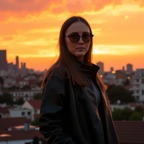 Anechka poses in a professional photoshoot, wearing a stylish leather jacket and sunglasses, with a beautiful sunset over the city skyline in the background. The warm glow of the sunset reflects off her jacket, adding depth and drama to the scene. Captured...