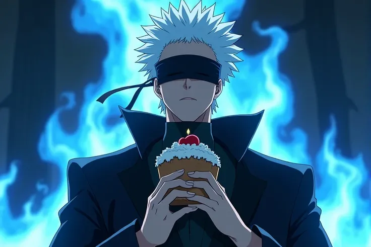 satoru gojo from jujutsu kaisen. he is wearing a black blindfold and a black outfit. there are blue flames in the background. he is holding a cake.  he has white short spiky hair.  the image is from the waist up. 