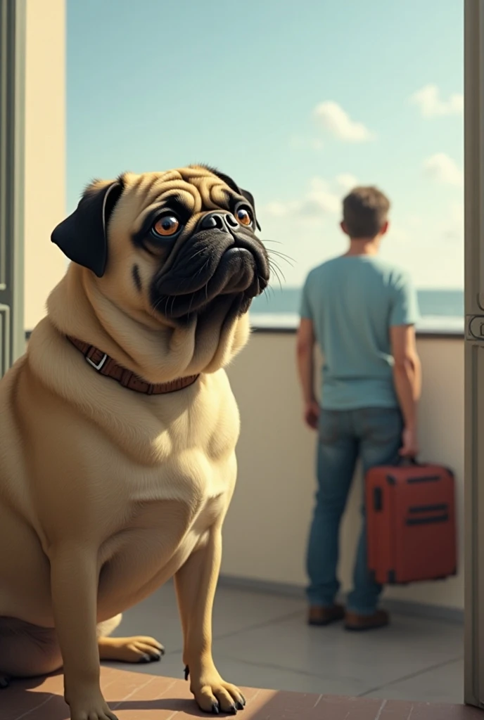 Pug dog missing its male owner while looking at him from the balcony because he is going on vacation with a suitcase in his hand 