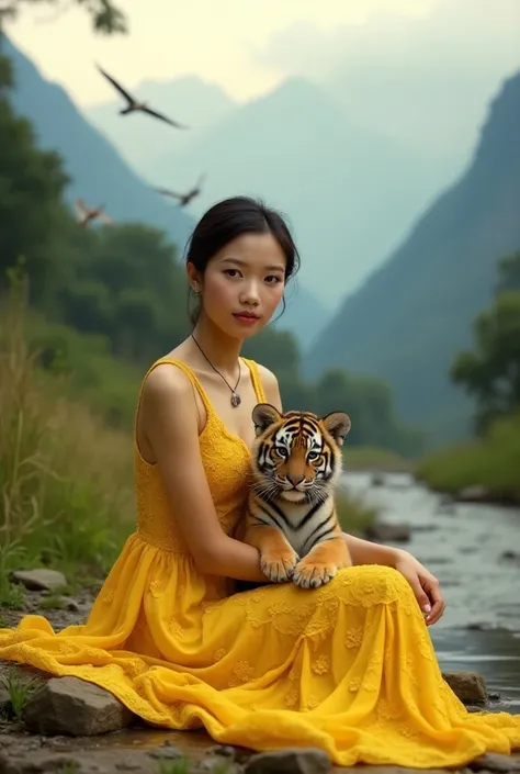 Beautiful Thai girl in bright yellow lace dress. She looks at the camera, fully adorned, sitting close to a tiger cub on a mountain. There are mountains, Himalayan forest, stream, and flying birds as background. The image shows the emotions of love and bon...