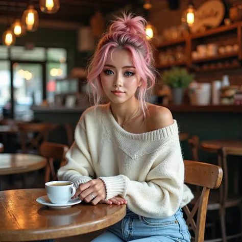 Lexi sits comfortably at a small, rustic table in a cozy coffee shop, her pink hair styled into a loose, messy bun, with a few strands falling softly around her face. She’s dressed in a soft, oversized cream-colored sweater, the fabric slightly slouching o...