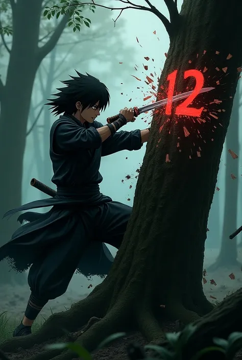 Create an image of Sasuke cutting a tree with the number 12 on it 