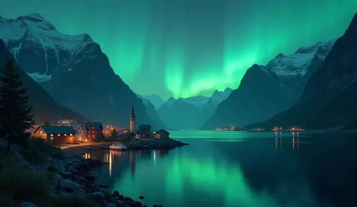 Create high resolution wallpaper. Scene of harbor at night with green blue sky. Area a amazing lake in Norway