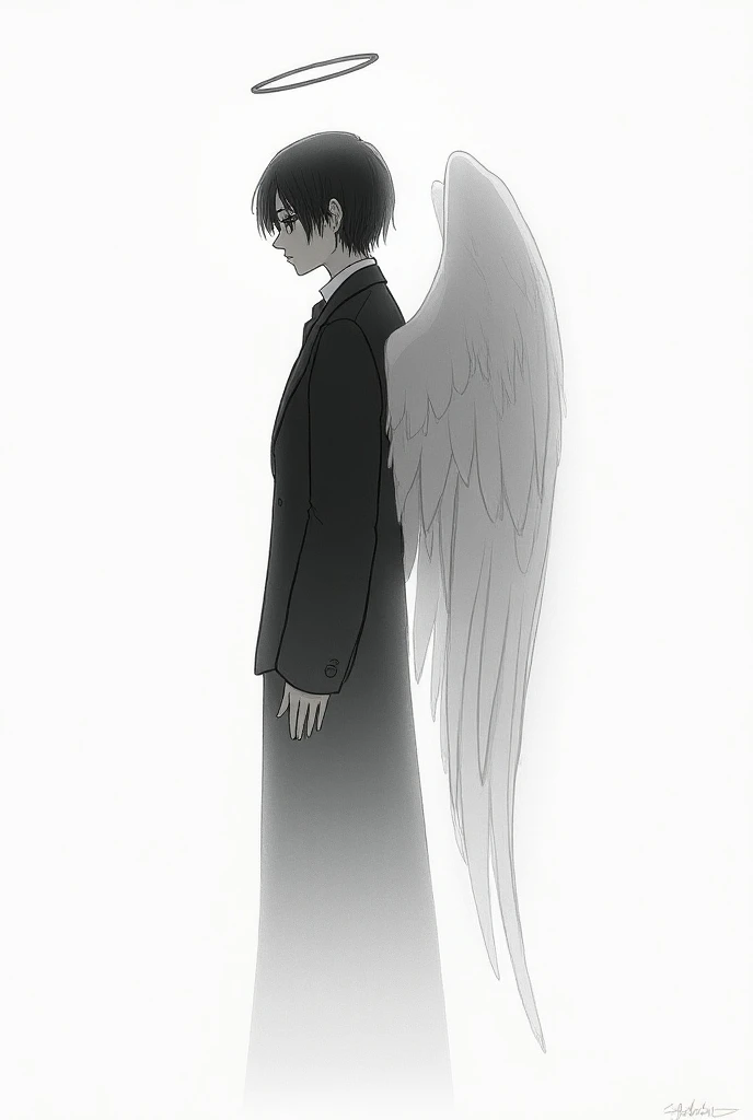 “An angel in a suit, turned away, facing backwards.” “Black and white drawing ilustration. “An angel can be represented with a halo.”