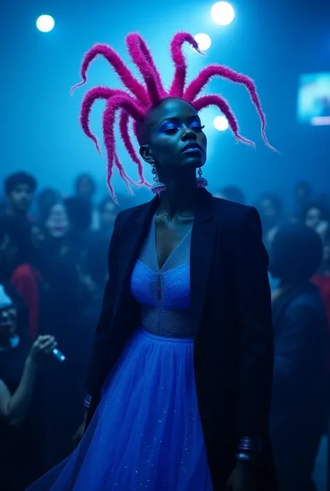 Black woman with black power pink hair spider legs wearing blue makeup and a bright blue transparent dress with an all-black overcoat in a concert audience with blue lights 