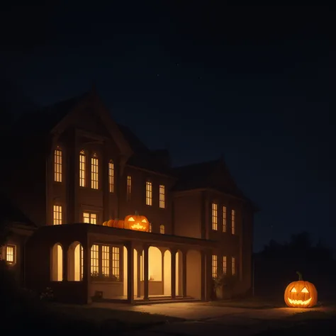 A beautiful landscape that depicts a regal, mysterious figure of a pumpkin house, pumpkin focus, carved pumpkin, glowing orange from within, on the porch of a house, at night, dark night, shadows, depth of field, detailed background, mystical atmosphere, d...