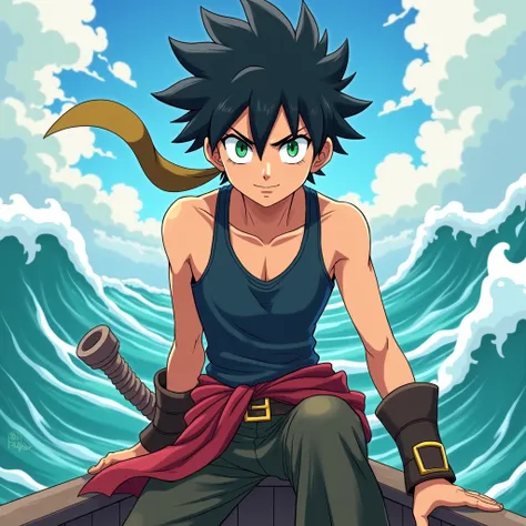 Young pirate man. Black hair and light green eyes. anime version 