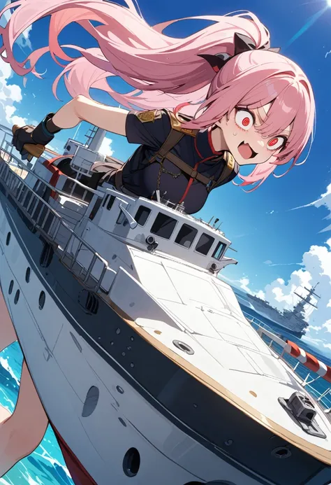 BREAK 1girl,pink hair,ponytail,red eyes,crazy eyes,BREAK Admiral,BREAK on  battleship,sea,detailed background,