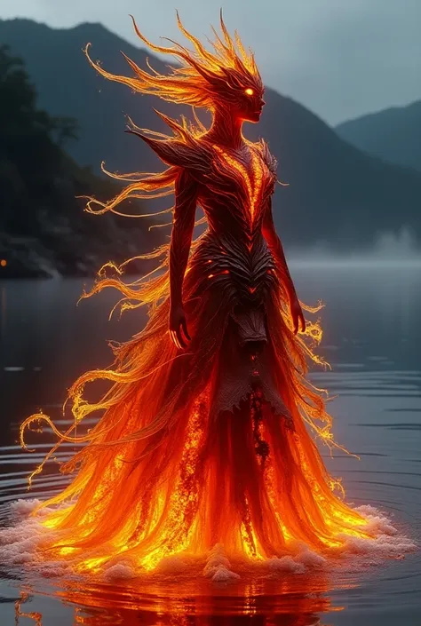 Fantasy costume based on a volcano with water around it 