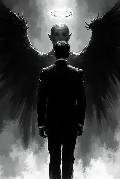 suit, turned away“Black and white drawing ilustration. “An angel can be represented with a halo.deom behind