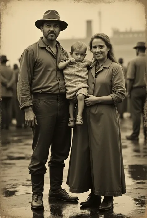 ship (vapor)In the background, Damaged old suitcases, 18th century clothing ; blond people ,  Damaged vintage sepia photo; Stains on the photo,  família de quatro blond people ; Handled photo ; blond hair; folds in the image ; scratches;  people who look t...