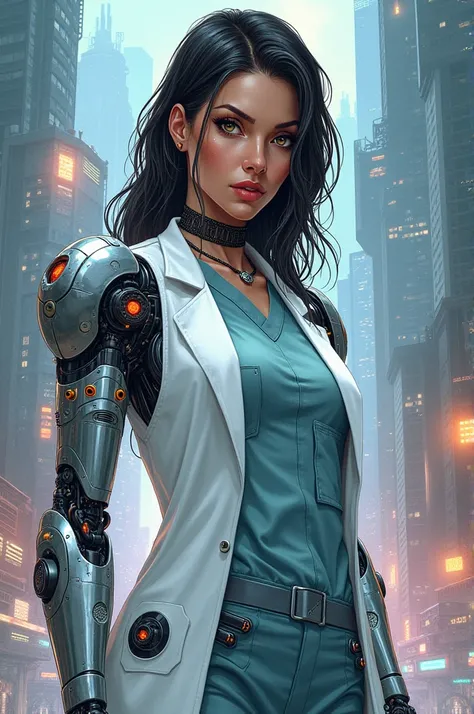 A woman who is half human and half robot and who is a doctor in comic book style 