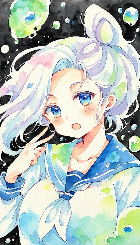 score_9, score_8_up, score_7_up, score_6_up, score_5_up, score_4_up, 1 girl, Alone, watercolor(medium), white hair, horn, Open mouth slightly, Sailor Suit, Floating in the air,big  breasts, Delicate blue eyes like the sea, 俯视视horn,  black background.