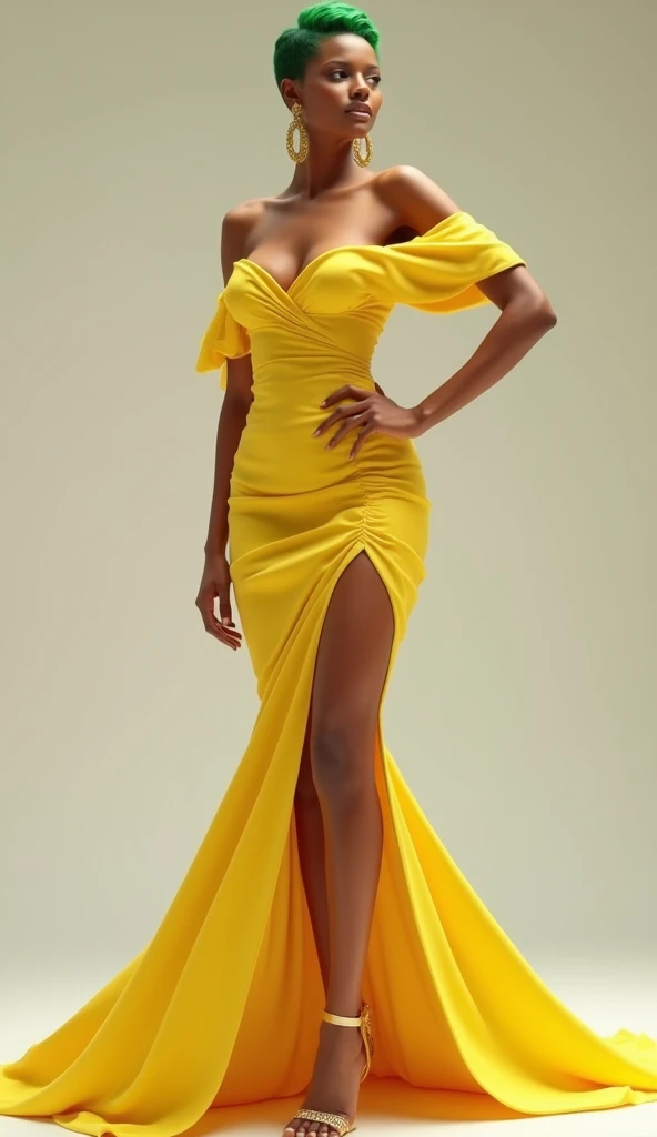 " A woman posing elegantly on a neutral background .  She is wearing a short and tight dress in bright yellow that highlights her figure,  with an off-the-shoulder design and folds in the fabric . Her hair is short, in green and wears long and gold earring...