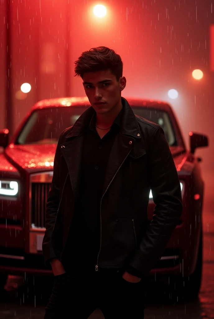 A man of age 20 with a Jacket 
in front of a rolls Royce in a rainy atmosphere with red effect 