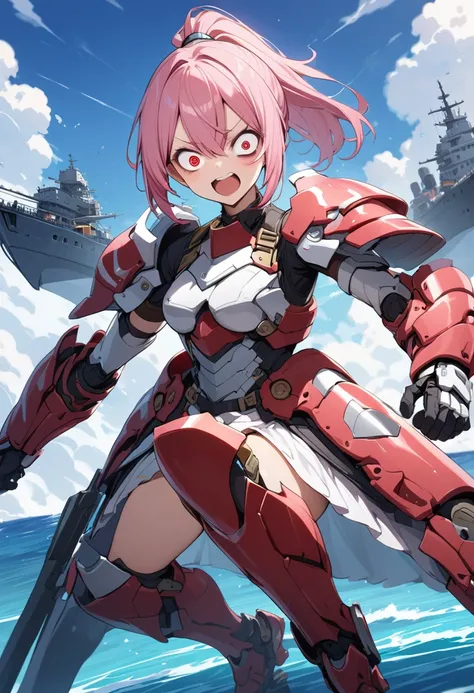 BREAK 1girl,pink hair,ponytail,red eyes,crazy eyes,BREAK battle armor,battle weapon,BREAK battleship,sea,detailed background,