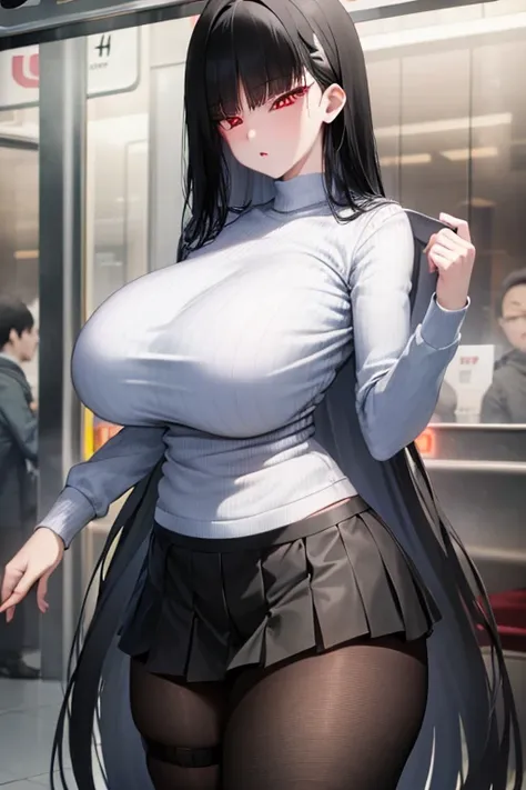 Big Breasts、White knit、Vertical knit、 long sleeve、Black fishnet pantyhose、miniskirt 、Long, slender legs、Black Hair、Red Eye、Crowded train、 High Resolution 、Best Quality、 high definition models