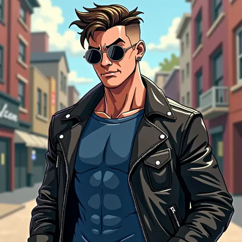 Superboy Conner Kent punk style, cocky expression, undercut hair style, left earing, circle shaped lens sunglasses, wearing Black Leather Jacket, blue spandex shirt, Manga Panel Style, dignified facial features, full body, whole body detail, strong and att...