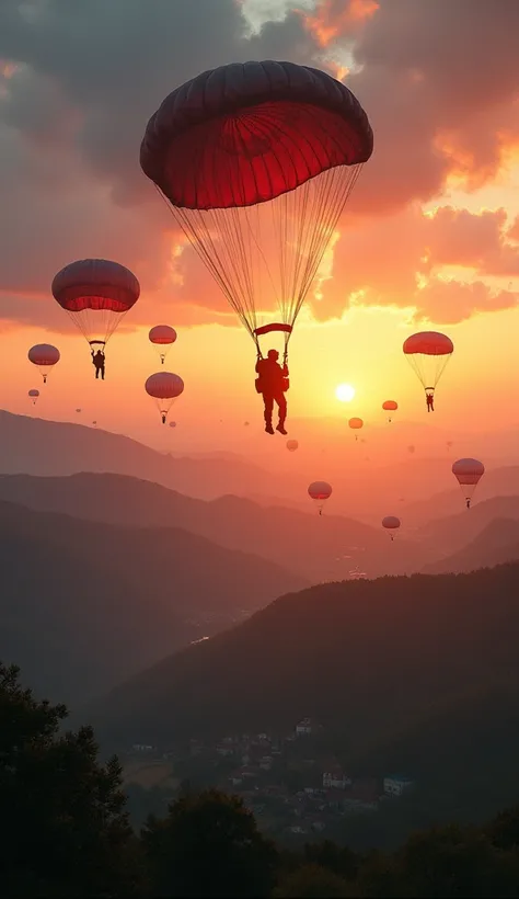 A 4K cinematic wide shot of hundreds of paratroopers descending from the sky at dawn, their parachutes filling the air as they land in the French countryside. The sky is painted with hues of orange and purple. (UHD, cinematic, wide-angle, colorful sunrise,...