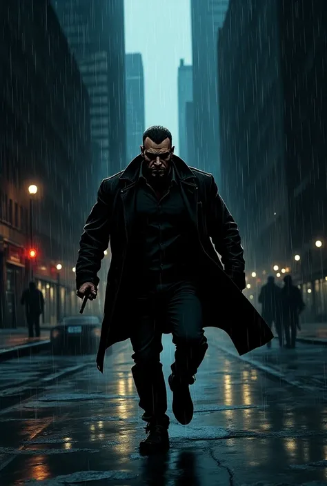 The comic book image of a thug in the dark of New York City. Does he appear to be running away or hiding  (format (16:9)