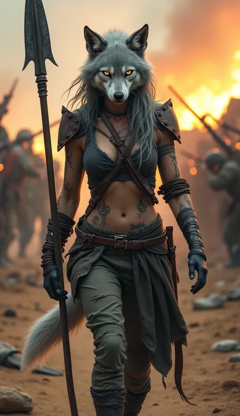  A humanoid female wolf with glowing, focused eyes ,  walks with determination in a straight line ,  her body covered in gray and scarred hair crosses your shoulders and arms .  Tribal tattoos in the shape of spirals and claws adorn your neck and forearms....