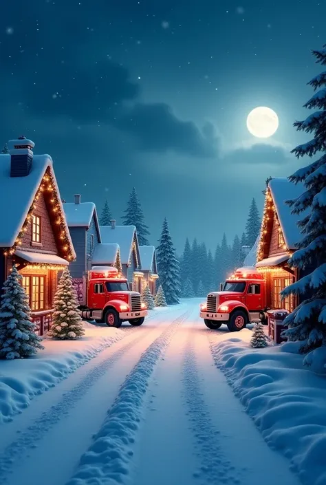  Creates a horizontal night scene of a winter landscape .  On both sides of the road ,  shows several Christmas houses adorned with bright Christmas lights in warm colors .  Each house should have decorations Wreaths like garlands and Christmas trees Illum...