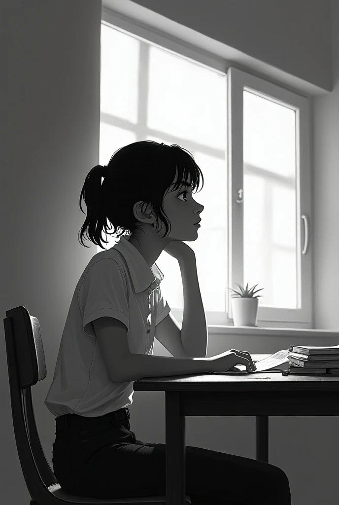 Girl sitting at a desk studying but is looking up the sad ceiling in black and white
