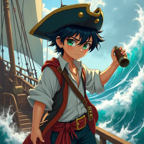 Young pirate man. Black hair and light green eyes. anime version. 