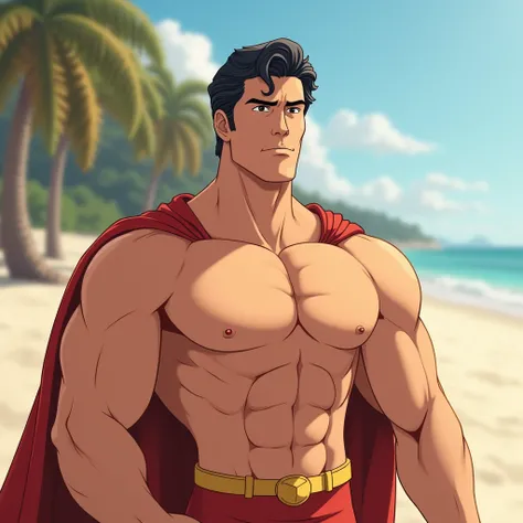 Superman sunbathing at the beach shirtless, subtle chest hair, Manga Panel Style, dignified facial features, full body, whole body detail, strong and attractive man, defined muscles, Anime and Manhwa illustration, mid-range lens, background blurred, positi...