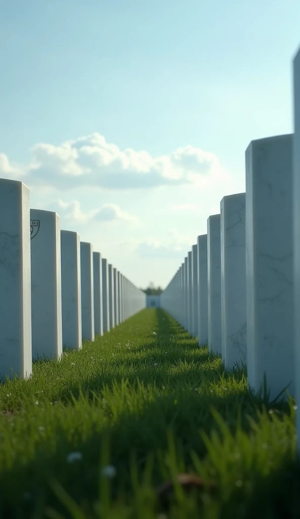 A 4K cinematic shot of the Normandy American Cemetery, rows of white crosses extending into the horizon under a peaceful blue sky, symbolizing the sacrifices made. (UHD, cinematic, wide-angle, somber and reflective mood, soft lighting)
