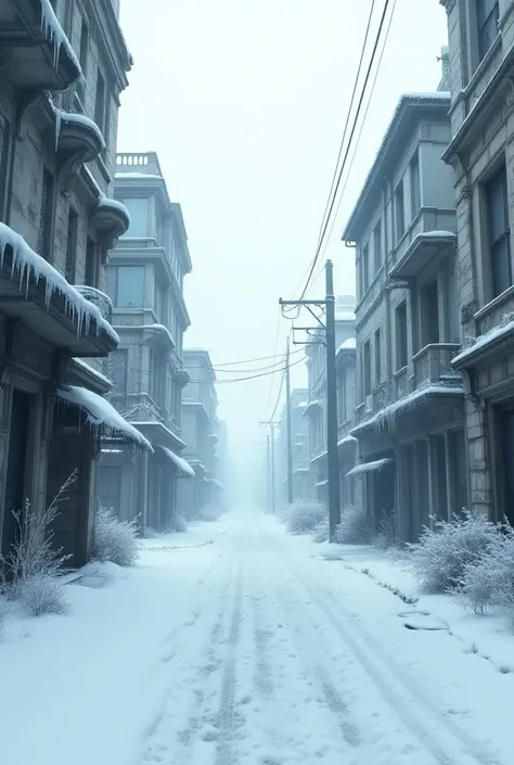 Abandoned city and streets with snow and snow