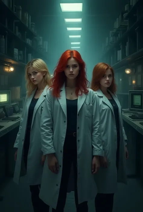 Cover for a book, three girls a blonde , A red-haired and a chestnut scientist in a laboratory and with a dense and dark environment that is scary trapped or locked up 