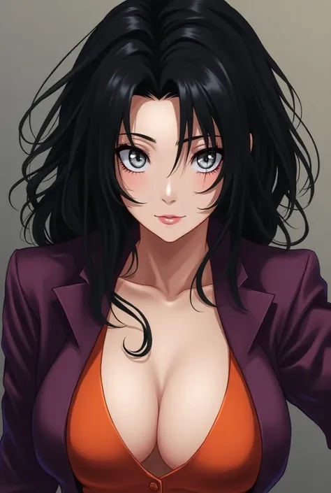 (masterpiece), best quality, expressive eyes, perfect face, white eyes, girl, big breasts, black hair, messy hair, hair length to shoulders, bags under eyes, white skin, purple suit jacket, orange suit jacket, cleavage, wide smile,