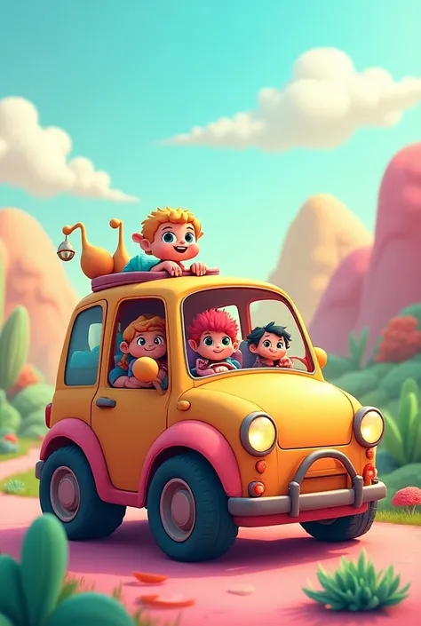 Cartoon car with characters from above