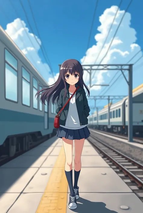 anime girl with long hair walking on a train platform, kantai collection style, railgun, konpeki no kantai, kantai collection arcade, kancolle, makoto shinkai style, anime visual of a cute girl, makoto shinkai art style, beautiful anime high school girl, a...