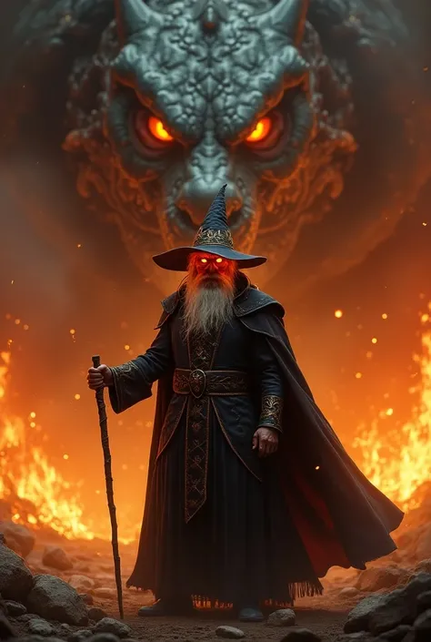 That you hold a cane in the hand and the face of a dragon in the background of a burning background, but dont alter the dimensions of the image, But the wizard whose eyes burn fire and the biggest dragons head 