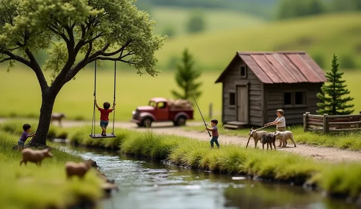 Thumbnail image,  model of a small farm .  Miniature of the animals near a stream that cuts through a field.  ren playing in a tree with a swing . People fishing in the stream . beauty.  Old abandoned rusty truck , Fucata .  Miniature wooden house of an ab...